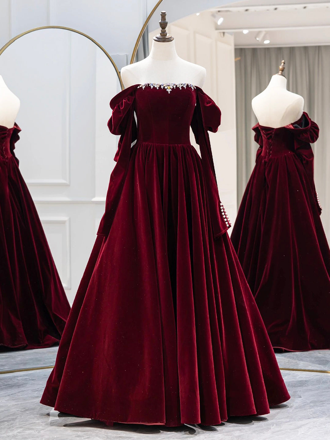 Best & Cheapest Burgundy Velvet Long Formal Dress, Elegant Long